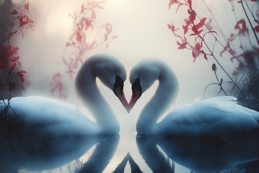Zwei Schwäne berühren sich sanft mit den Köpfen und formen ein Herz aus ihren Hälsen. Um sie steigen Nebel auf, während zarte rote Blätter im Hintergrund leuchten.

