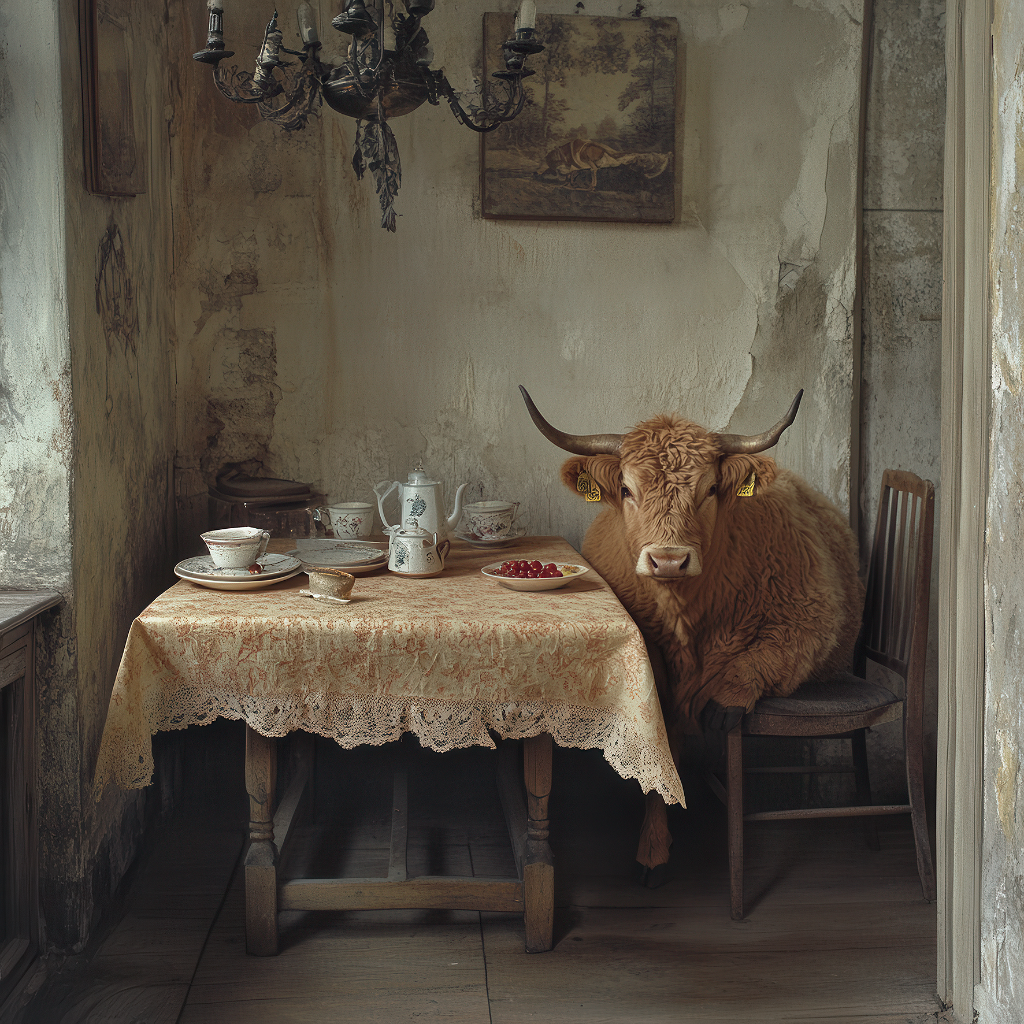 Highland-Kuh sitzt am gedeckten Tisch in rustikalem Raum.
