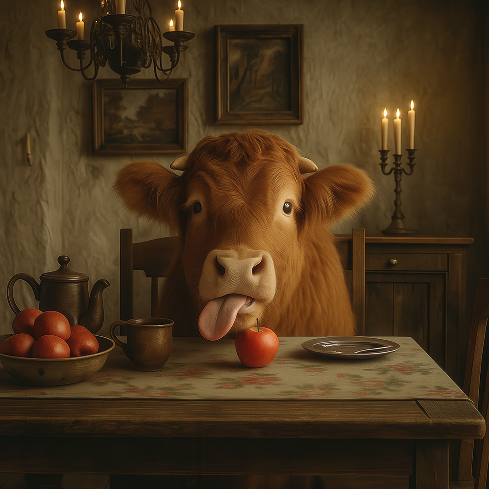 Highland-Kuh sitzt im warmen Kerzenlicht an einem alten Holztisch und 
leckt einen Apfel an. Nostalgische, rustikale Stubenatmosphäre.
