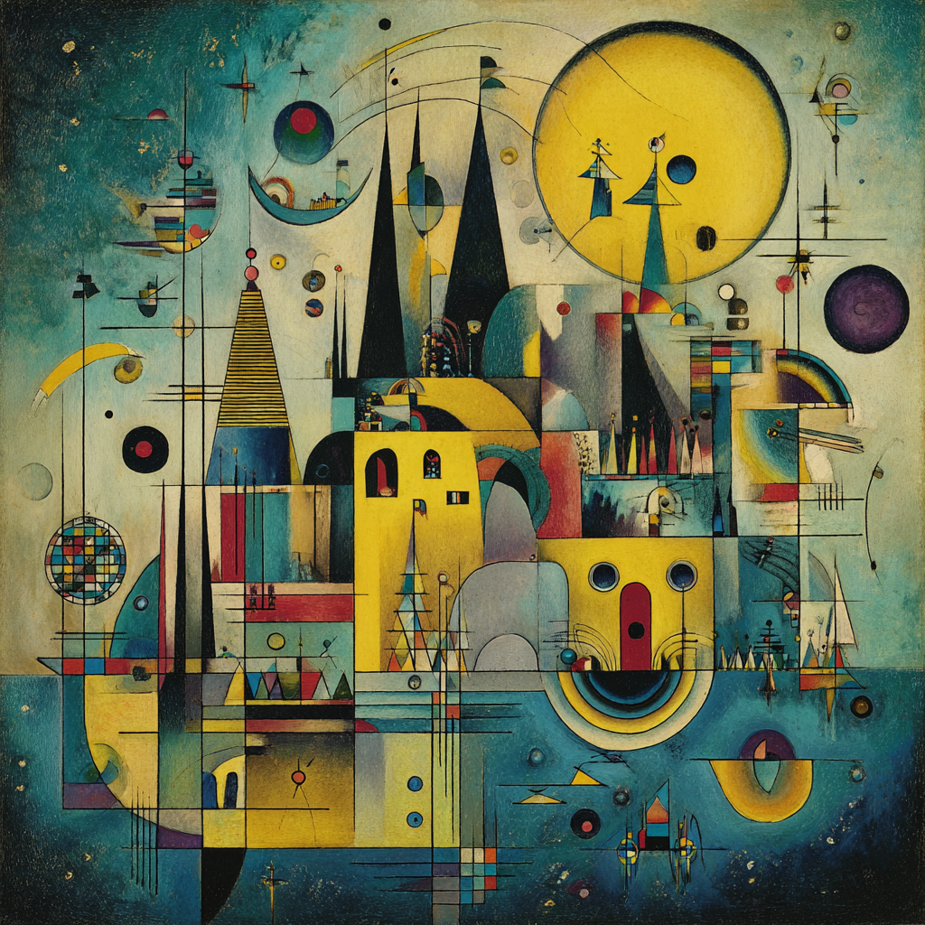 Abstrakte farbenreiche Komposition mit geometrischen Formen, Kreisen und Linien in lebhaften Blau-, Gelb- und Rottönen.
