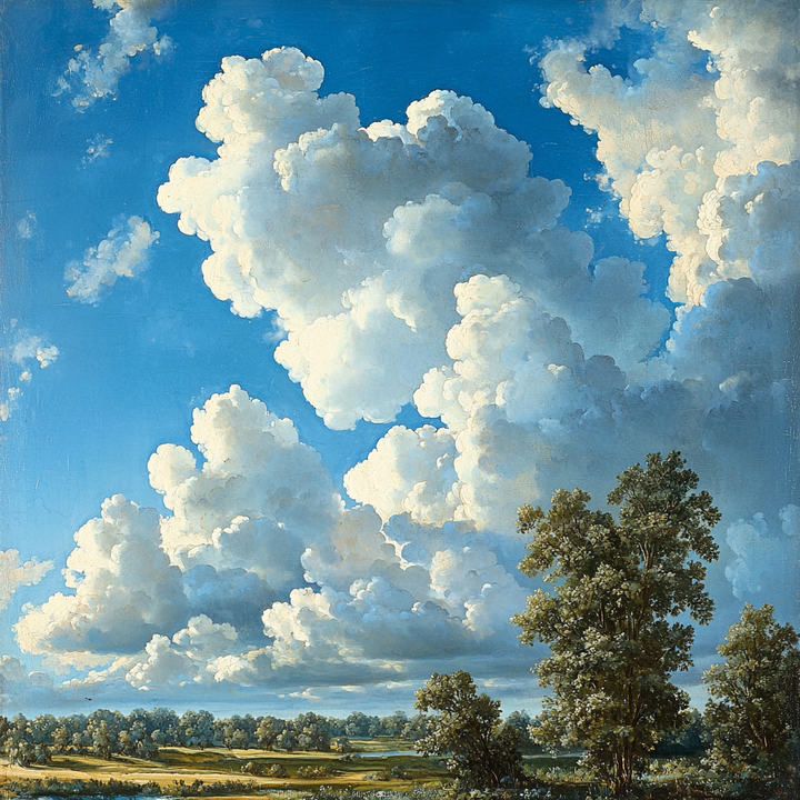 Realistische Landschaft mit hohen weißen Wolken über einer grünen Ebene und klarem blauen Himmel, in leuchtendem Licht dargestellt.

