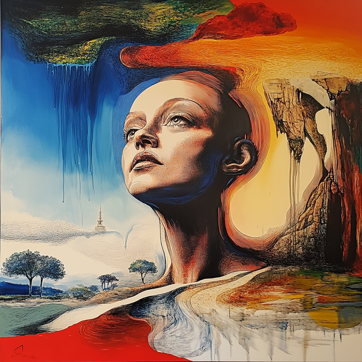 Surrealistisches Porträt einer Frau, deren Kopf und Hals mit Landschaften, Wolken und Felsen verschmelzen – leuchtende Farben zwischen Himmel und Erde.
