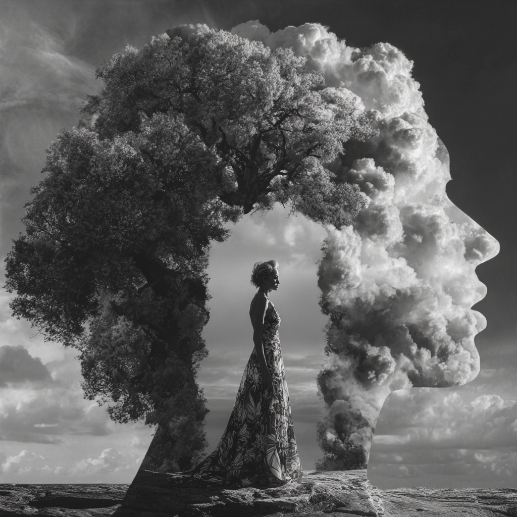 Profil aus Wolken und Baumkrone, in das eine stehende Frau vor Landschaft
eingebettet ist – traumhafte schwarz-weiße Doppelbelichtung.
