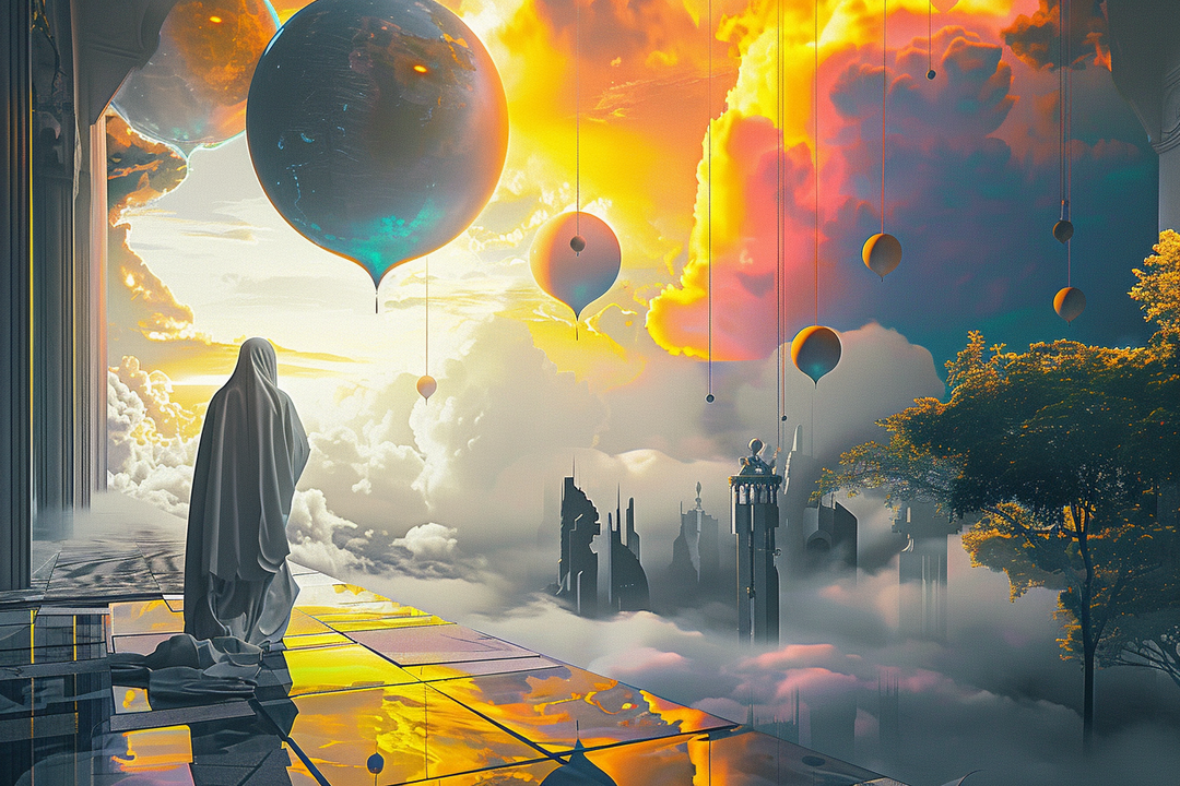 Surreale Himmelslandschaft mit schwebenden Sphären, einer verhüllten Gestalt und leuchtenden Wolken – eine kontemplative Szene zwischen Traum und Ewigkeit.
