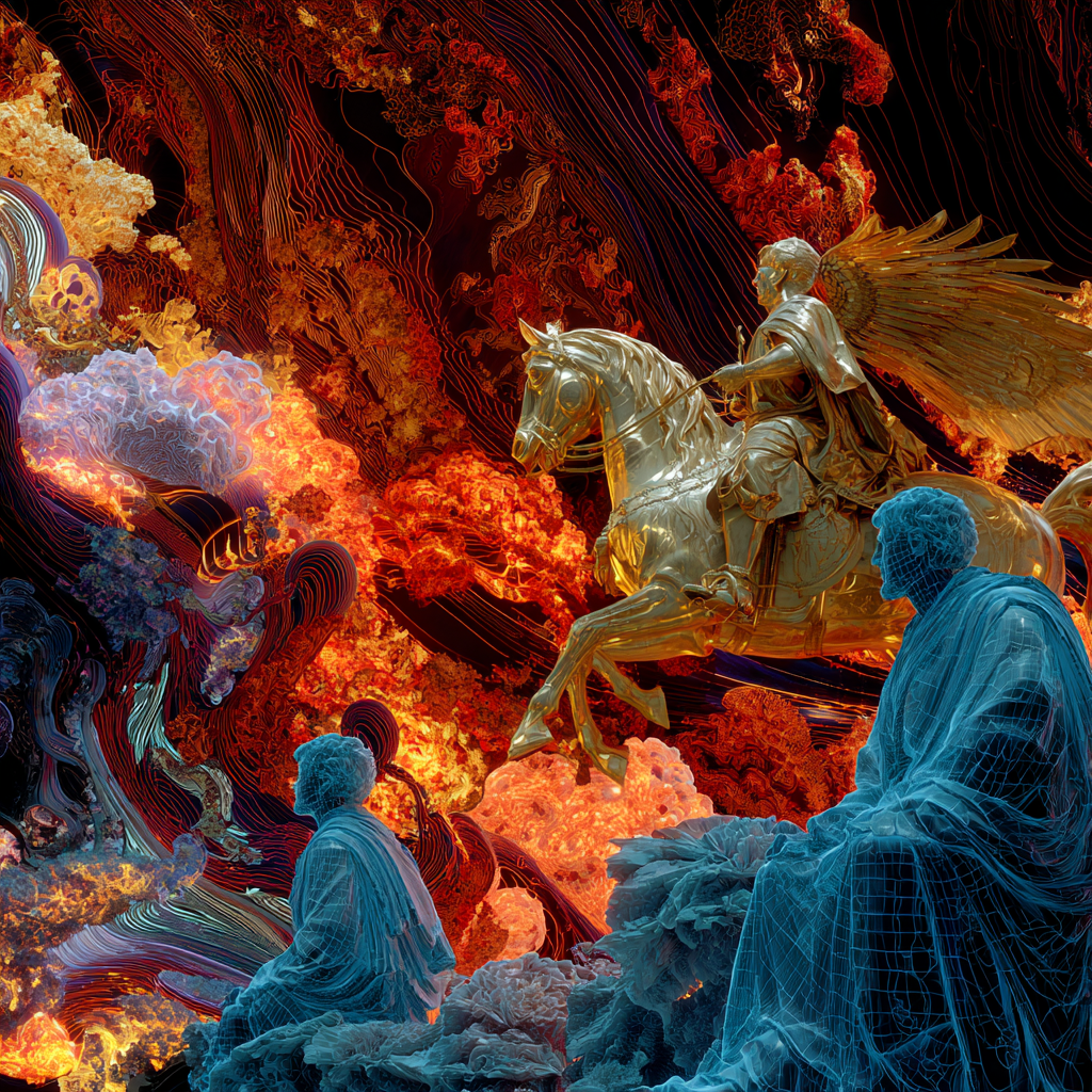 Digitale Komposition mit goldenen und blauen Statuen in einer feurigen, surrealen Landschaft – ein Reiter auf einem geflügelten Pferd schwebt über flammenden Wolken.
