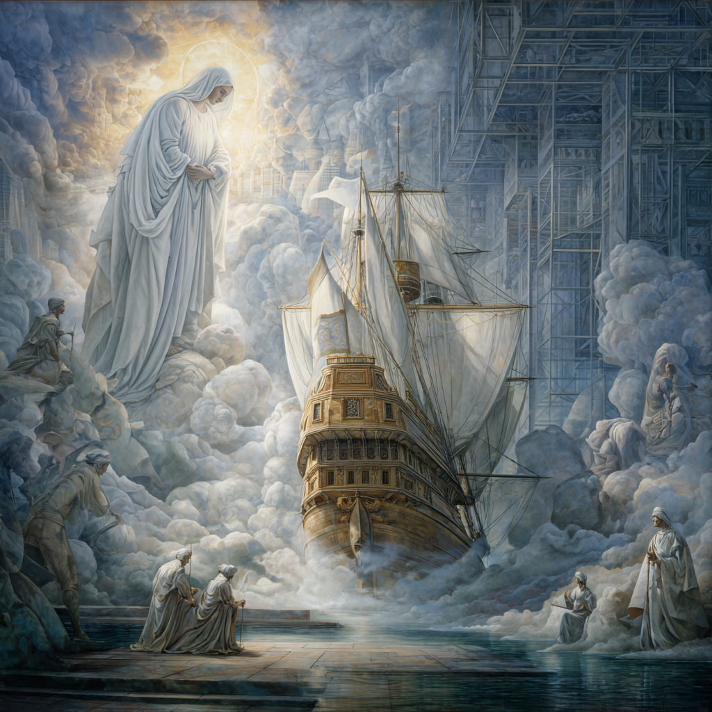 Ein majestätisches Segelschiff fährt durch Wolken, während eine riesige, leuchtende Gestalt in weißen Gewändern über ihm wacht – eine himmlische Szene voller Licht und Symbolik.
