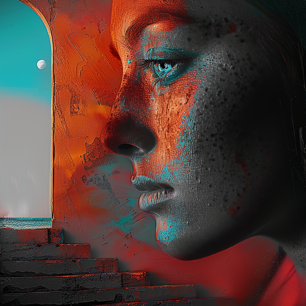 Porträt einer Frau in Nahaufnahme mit strukturiertem Lichtspiel aus Türkis und Rot, im Hintergrund eine Treppe und ein offener Bogen.
