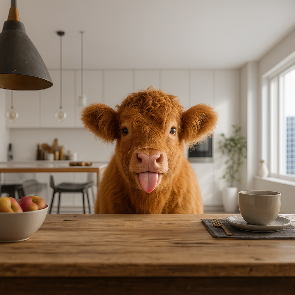Hochlandkalb sitzt am Küchentisch in einer modernen Küche und streckt verspielt die Zunge heraus. Warmes Licht, humorvolle und charmante Szene.
