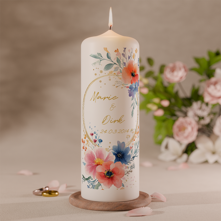 personalisierte hochzeitskerze blumenwiese bunt aquarell floral