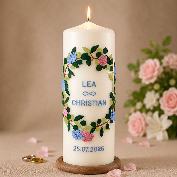 Handverzierte Hochzeitskerze mit blauem und rosafarbenem Hortensienkranz aus Verzierwachs, personalisiert mit Namen und Hochzeitsdatum.