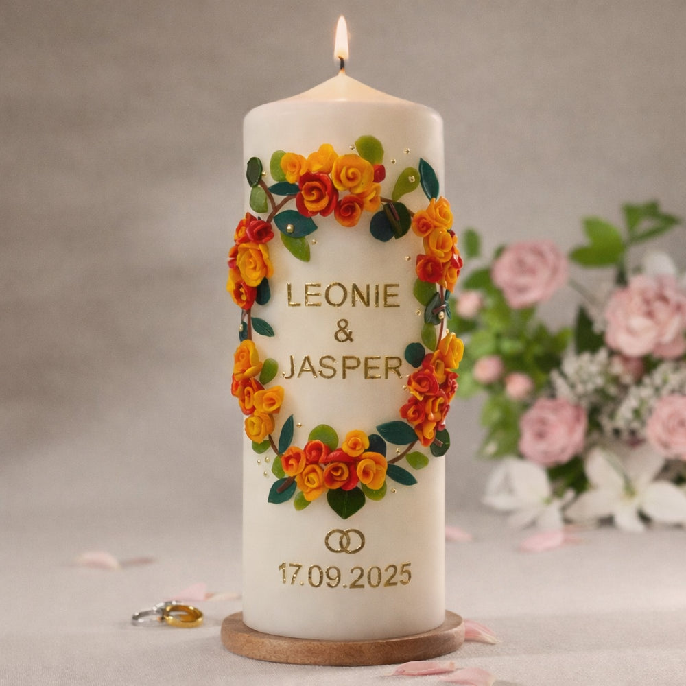 Personalisierte Hochzeitskerze mit buntem Blumenkranz und goldener Schrift im romantischen Arrangement
