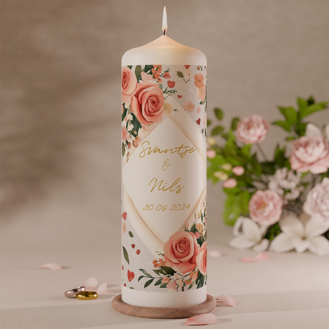 personalisierte hochzeitskerze mit rosen und rosegold design
