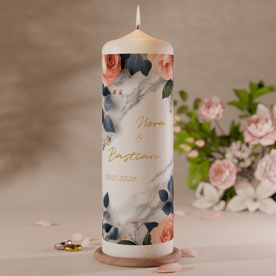 personalisierte hochzeitskerze in terrakotta optik mit namen