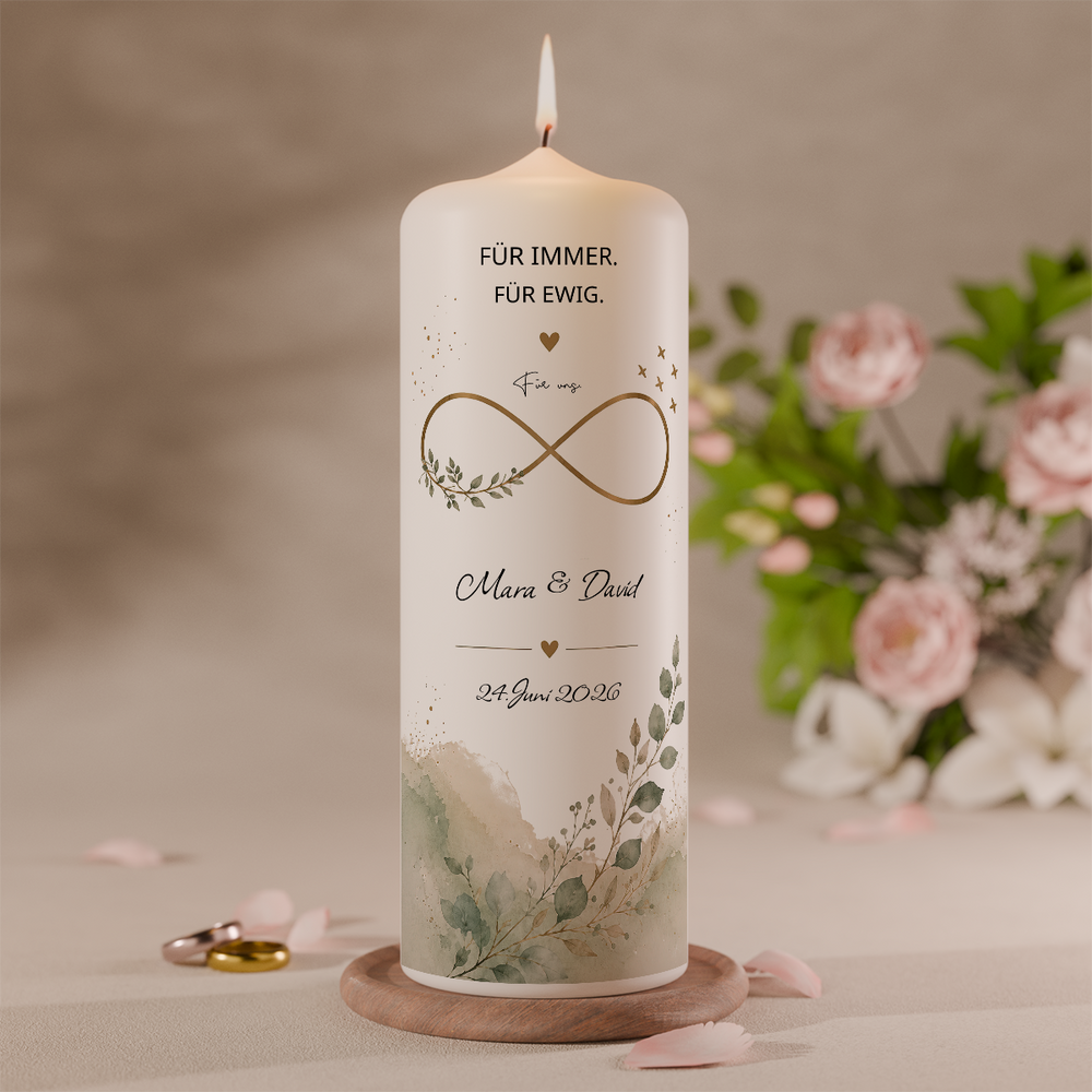 Personalisierte Hochzeitskerze mit Unendlichkeitszeichen, Eukalyptus, Namen und Datum