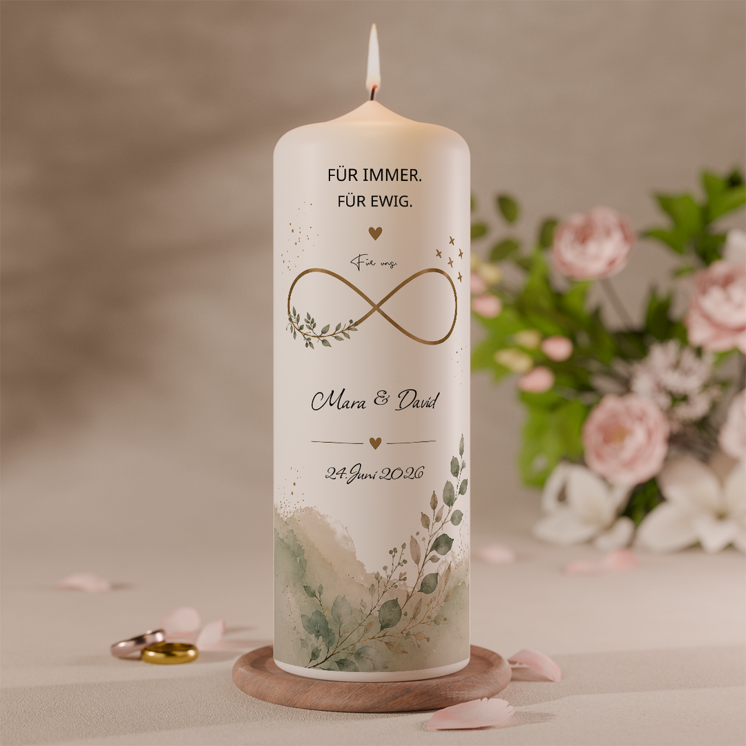 Personalisierte Hochzeitskerze mit Unendlichkeitszeichen, Eukalyptus, Namen und Datum