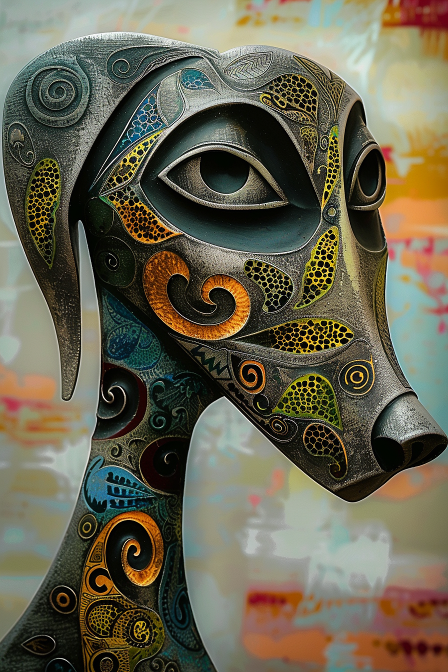 farbige skulptur mit spiralmustern und organischen ornamenten
