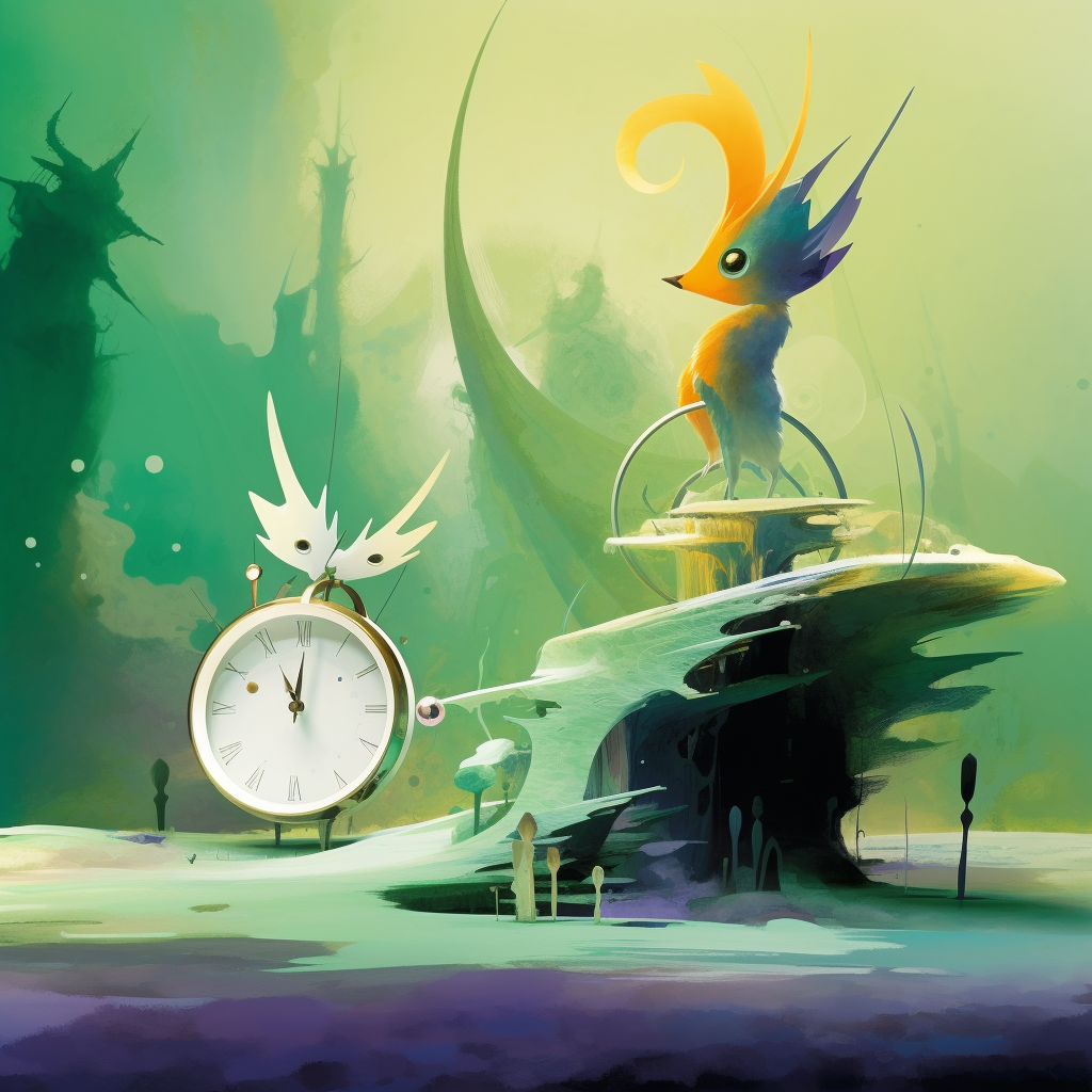 Surreales Kunstwerk mit einem farbenprächtigen, vogelähnlichen Wesen auf einer Plattform und einer Uhr mit Flügeln in einer grünen Traumlandschaft.
