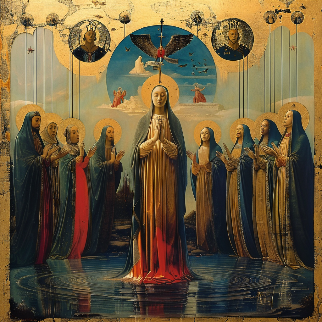 Eine zentrale, betende Figur in goldener Robe ist von Heiligen in blauen Gewändern umgeben, unter einem leuchtenden, sakralen Himmel mit Engeln und Symbolen des Lichts.
