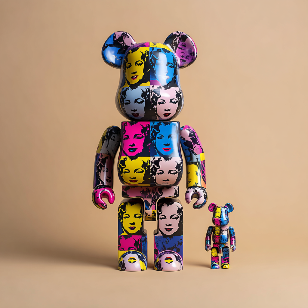 Zwei bunte Designerfiguren im Pop-Art-Stil mit aufgedruckten Porträts einer ikonischen Frauengestalt – eine Hommage an Konsum, Wiederholung und Identität.
