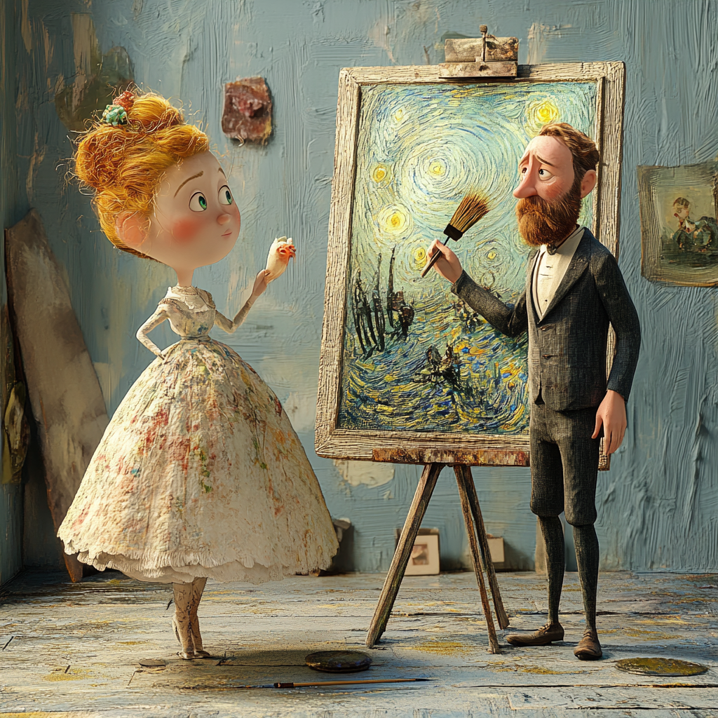 Ein Künstler mit Bart malt ein Bild im Stil von van Goghs „Sternennacht“, während eine junge Frau in einem bemalten Kleid ihm interessiert zusieht, in einem Atelier voller Licht und Textur.
