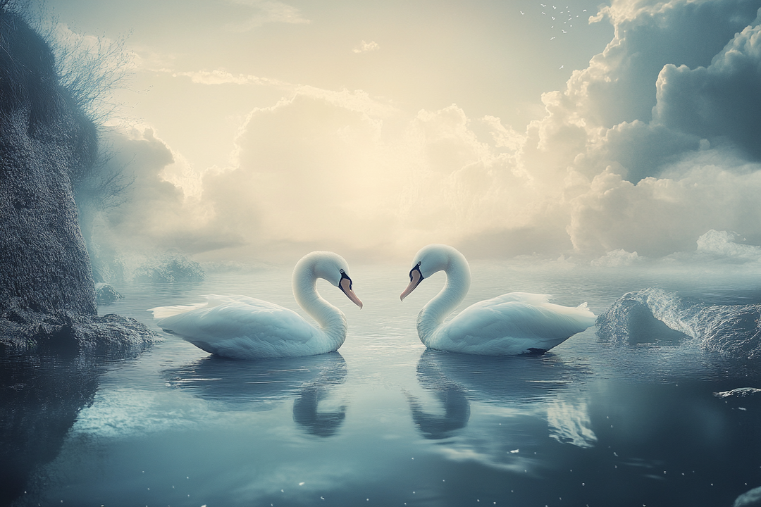 Zwei weiße Schwäne ruhen einander zugewandt auf einem stillen, nebelverhangenen See unter weichem Licht. Hinter ihnen türmen sich helle Wolken, die die Szenerie träumerisch umrahmen.
