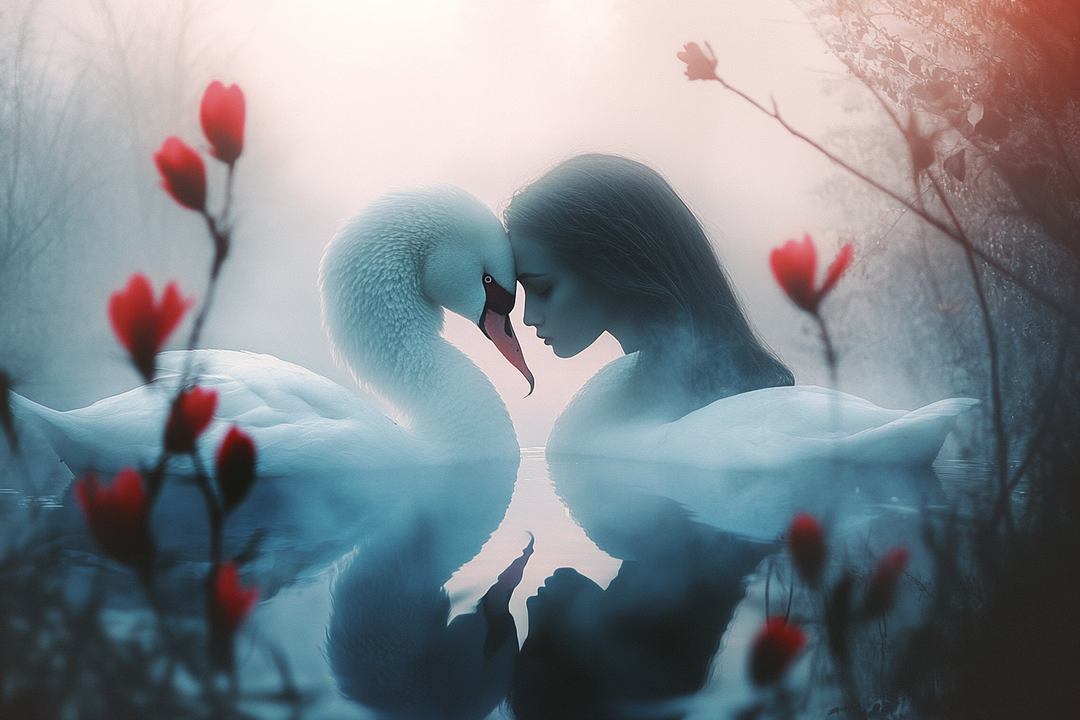 Eine Frau und ein Schwan berühren mit den Stirnen einander über stillem Wasser im Nebel, umgeben von roten Blüten und sanftem Licht.
