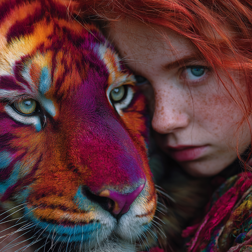 Porträt eines Mädchens, das eng an einen farbintensiven, surreal gefärbten
Tiger lehnt. Ausdrucksstarke Farben und starke emotionale Nähe.

