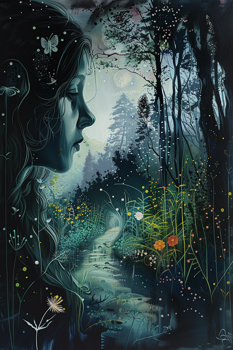 gesicht einer frau im profil mit waldlandschaft und blumen
