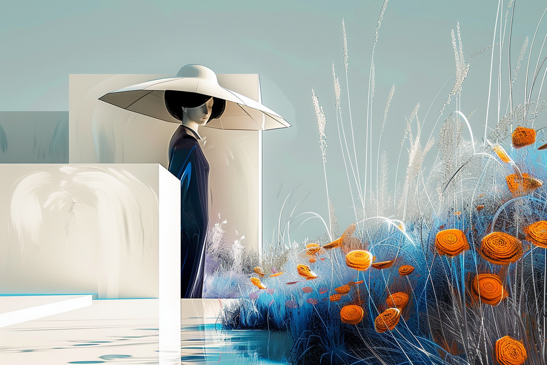Eine Frau mit großem weißen Hut steht in einer minimalistischen Landschaft aus hellen geometrischen Formen und blauen Gräsern mit orangefarbenen Blüten.
