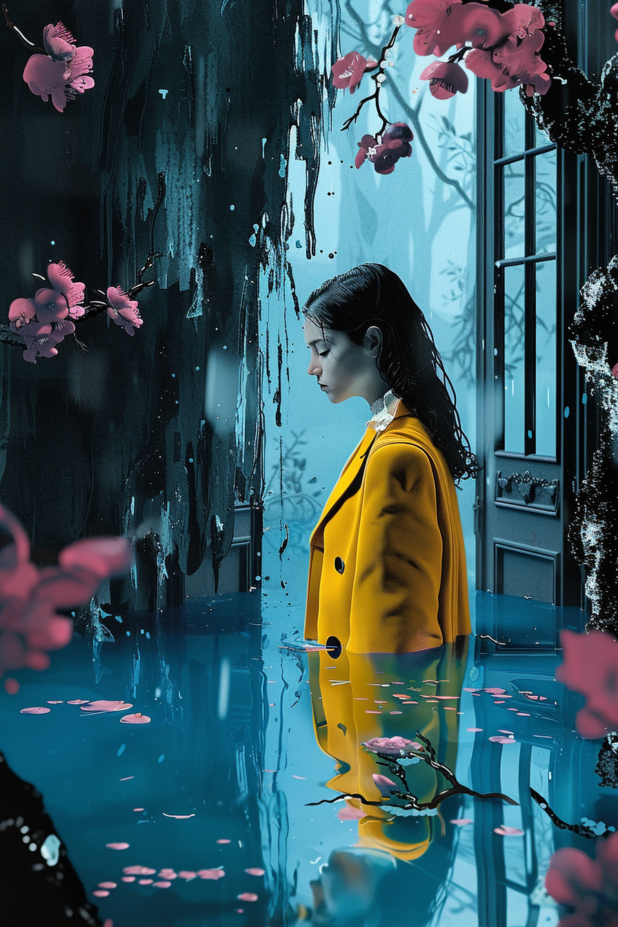 Surreales Porträt einer Frau in gelbem Mantel, die in blauem Wasser steht. Umgeben von blühenden rosa Zweigen und dunklen Strukturen entsteht eine melancholisch-träumerische Atmosphäre zwischen Innenraum und Natur.
