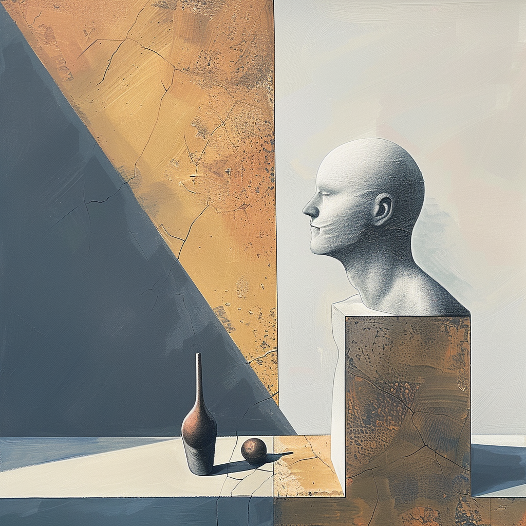 skulpturale büste im lichtschatten mit geometrischen formen und vasen
