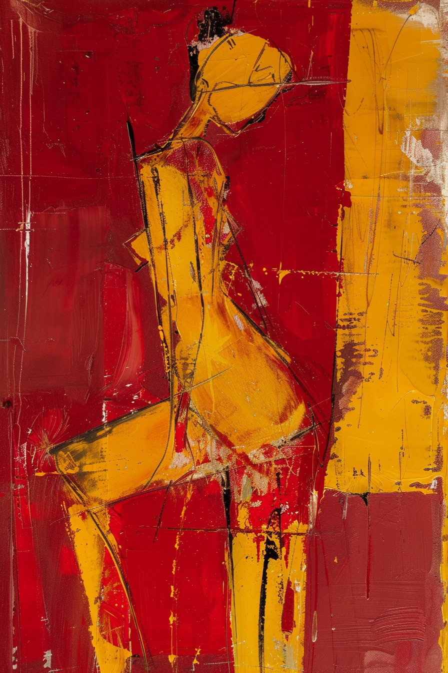 Abstrakte Figur in Gelb- und Rottönen – stilisierte menschliche Silhouette, die Balance und Bewegung in intensiver Farbkomposition ausdrückt.

