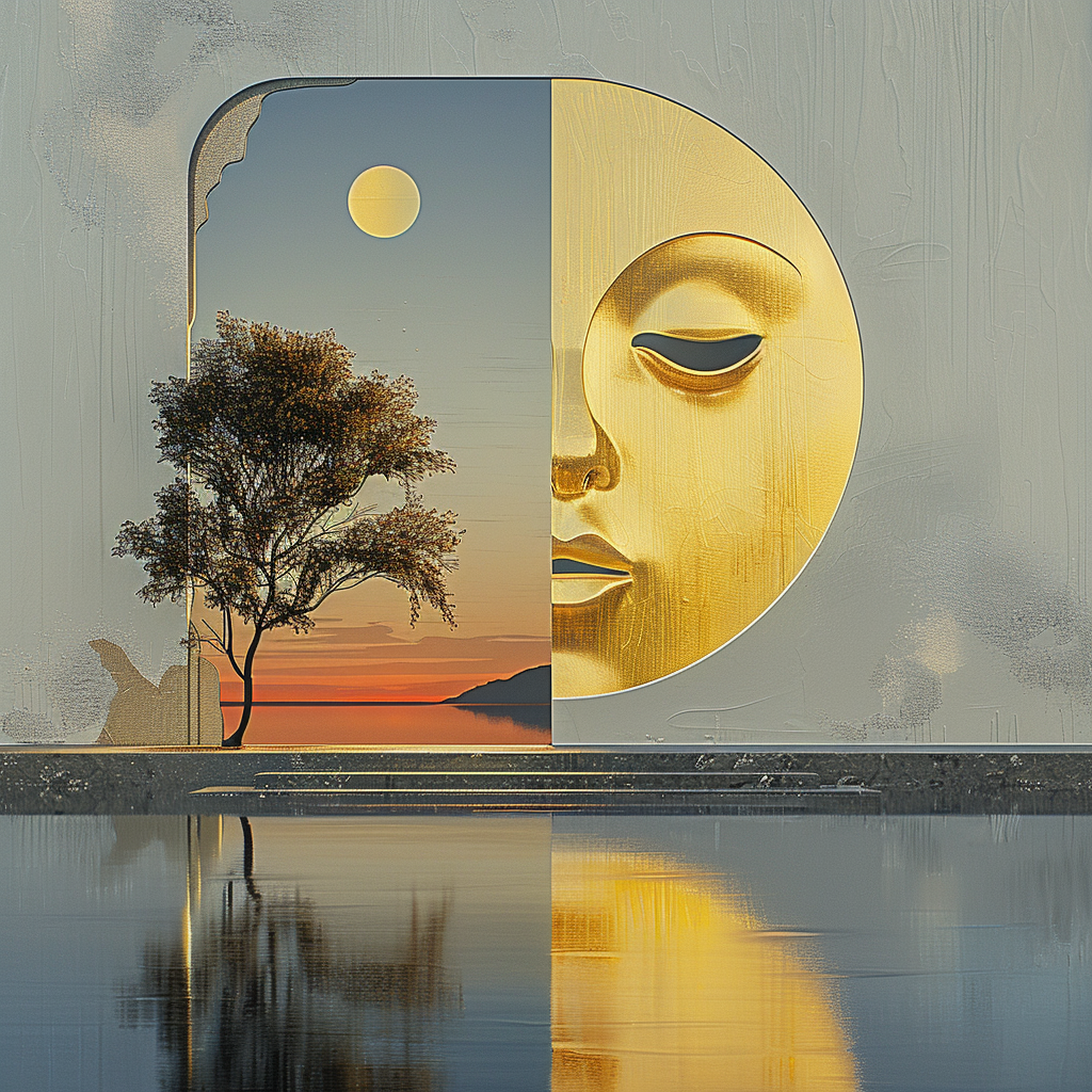 Symbolisches Kunstwerk mit goldener Gesichtshälfte, Baum und Sonnenuntergang, die sich in einer ruhigen Wasserfläche spiegeln.
