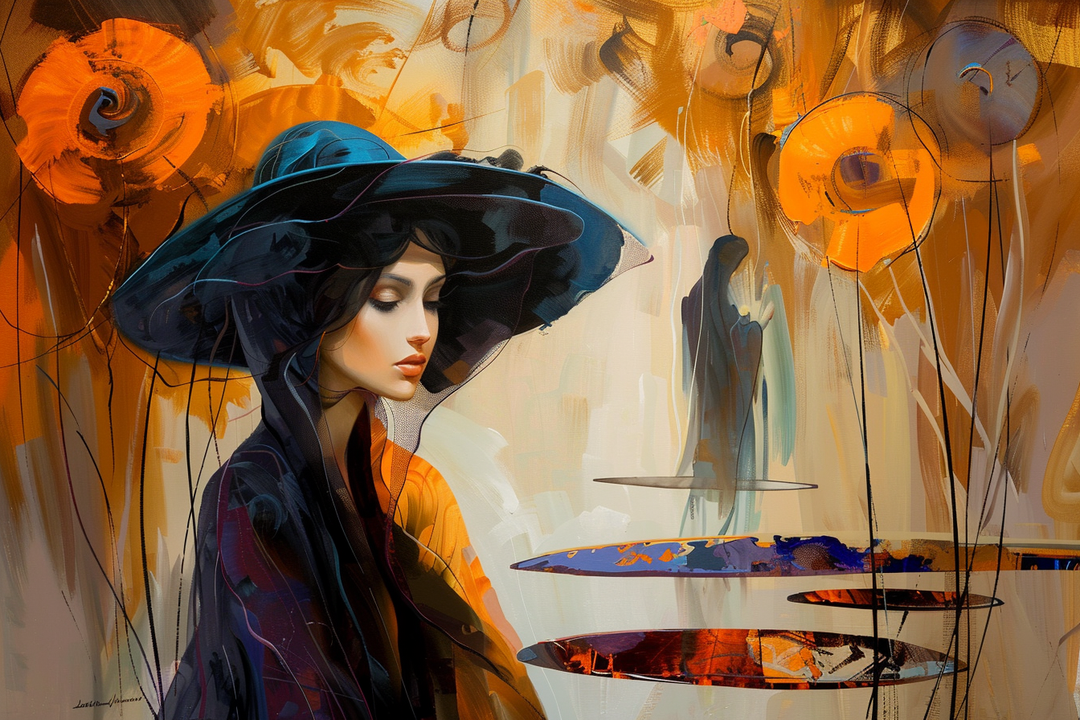 portraet einer frau mit dunklem hut vor goldener floraler abstraktion
