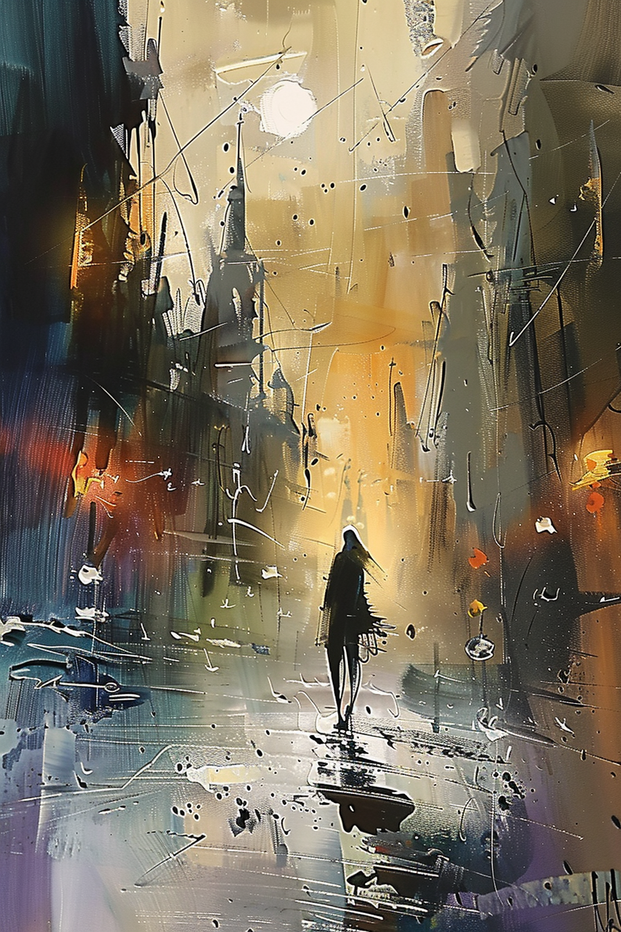 Abstraktes Stadtbild mit einer einsamen Figur im goldenen Licht, umgeben von Lichtreflexen und Silhouetten.
