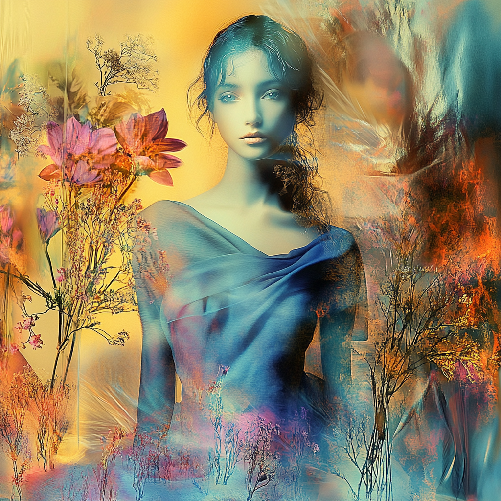 Porträt einer Frau in weichem, blauen Licht, umgeben von Blumen und goldenen Farbtönen – eine traumhafte, poetische Komposition zwischen Mensch und Natur.
