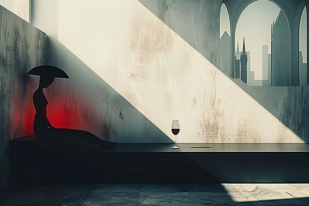 Minimalistische Szene mit einer schwarzen Silhouette einer sitzenden Figur, die im Schatten ruht. Ein Glas Rotwein steht im Lichtstrahl vor einer Wand mit Bogenfenstern und Blick auf eine ferne Stadt.
