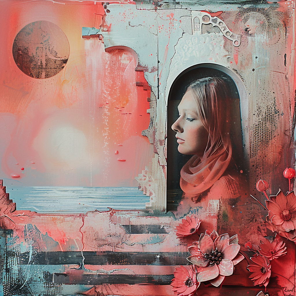 Ein surrealistisches Porträt einer Frau im Profil, in warme Rottöne und Sonnenlicht getaucht, mit floralen Elementen und Blick aufs Meer.
