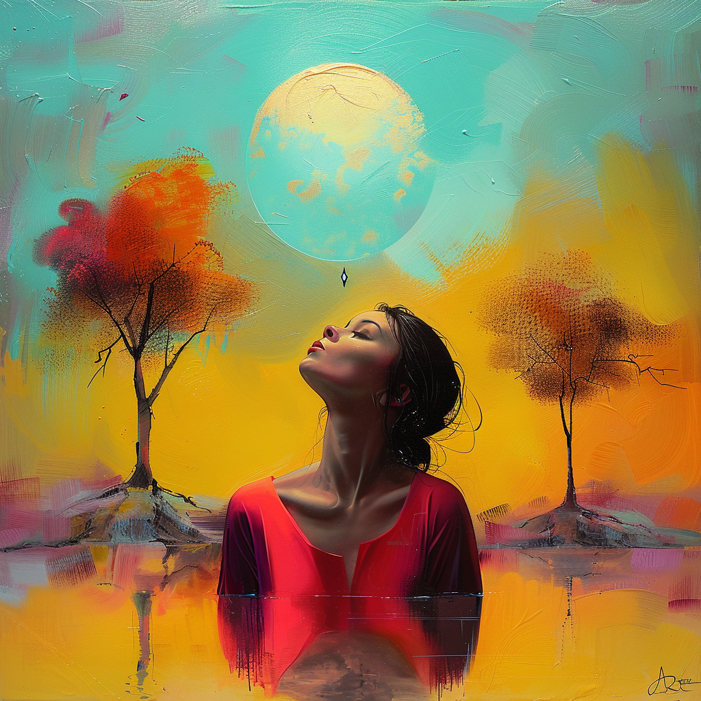 frau im roten kleid blickt zum himmel unter türkisfarbenem mond zwischen zwei bäumen im warmen licht
