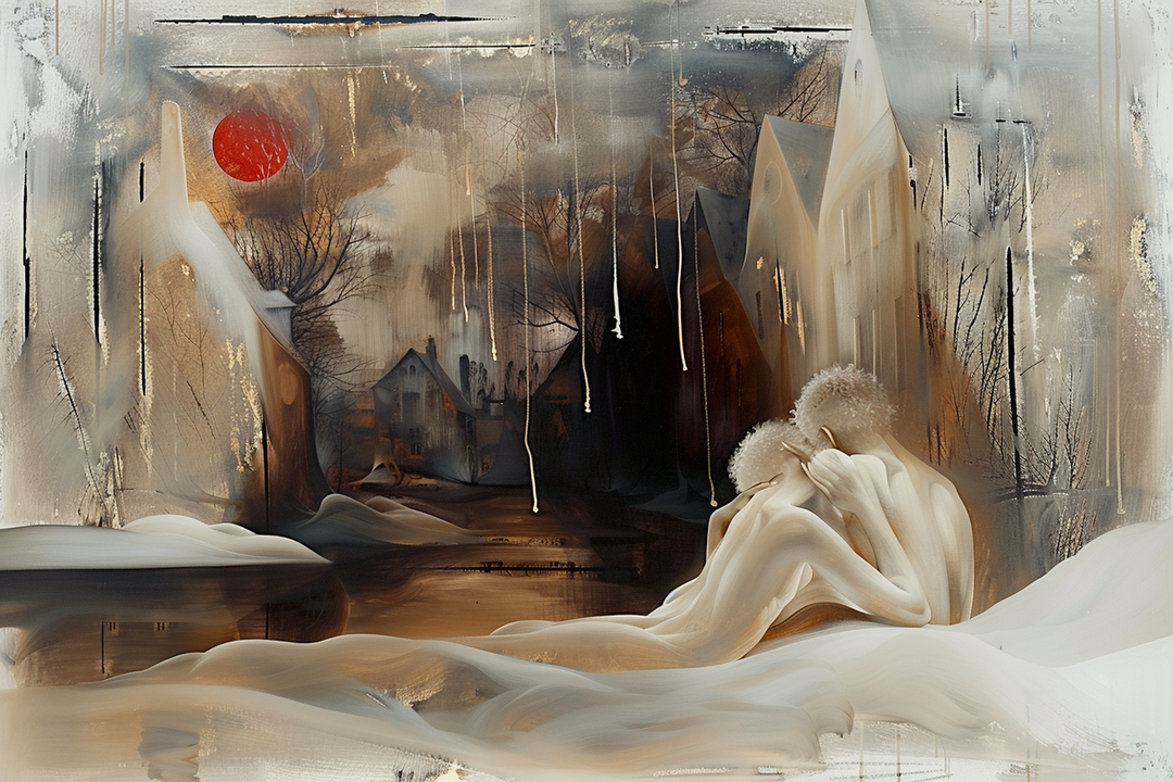 Zwei ineinander verschlungene Figuren in einer winterlich-surrealen Landschaft unter einem roten Mond. Nebelhafte Formen, Häuser im Hintergrund und ein zarter, malerischer Ausdruck zwischen Liebe und Vergänglichkeit.
