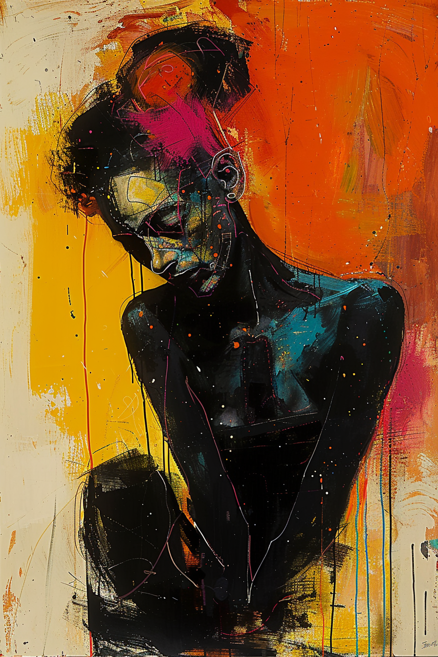 Abstraktes Porträt einer Frau mit gesenktem Blick in warmen Orange- und Blautönen.
