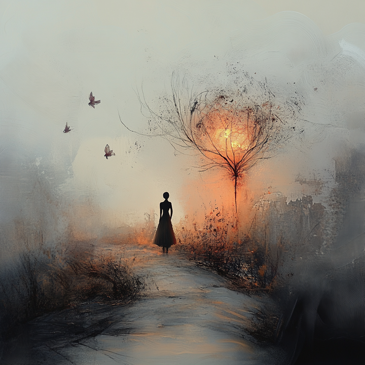 Silhouette einer Frau auf einem Pfad bei Sonnenuntergang mit leuchtendem Baum
