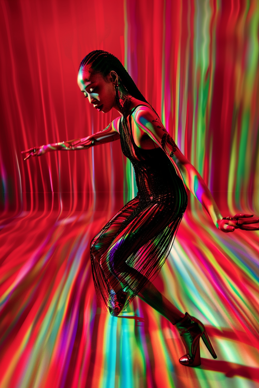 Frau in einem funkelnden schwarzen Kleid tanzt in einem Meer aus roten, grünen und violetten Lichtern, eingefangen in fließender Bewegung.
