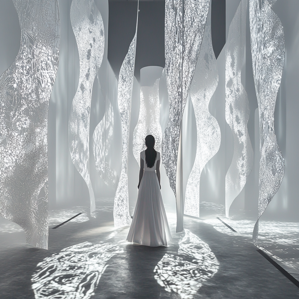 frau in weißem kleid steht in heller lichtinstallation aus transparenten formen
