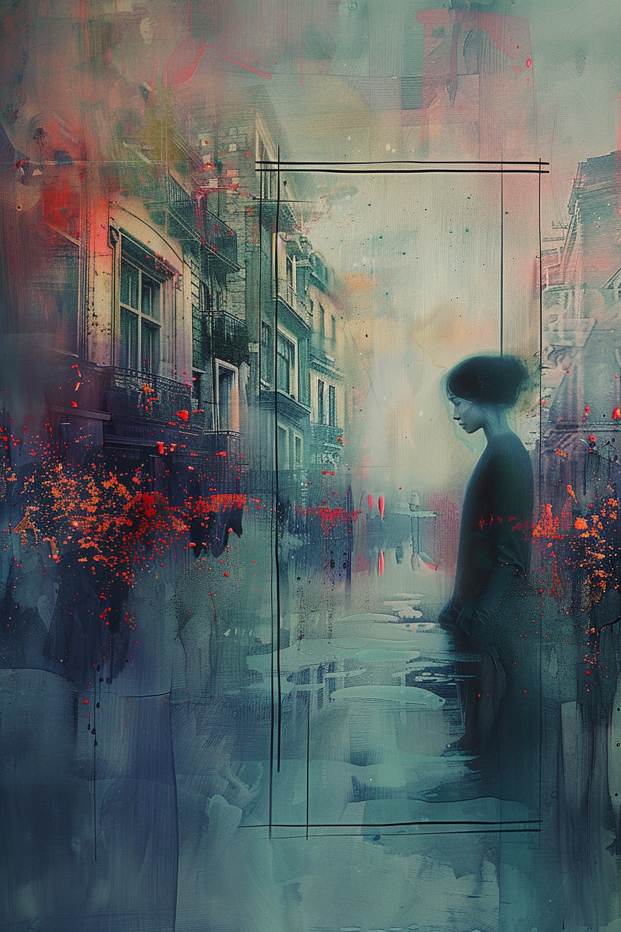 Eine Silhouette einer Frau steht in einer nebligen Stadtstraße, umgeben von verblassenden Gebäuden und Farbspritzern in Rot und Blau.
