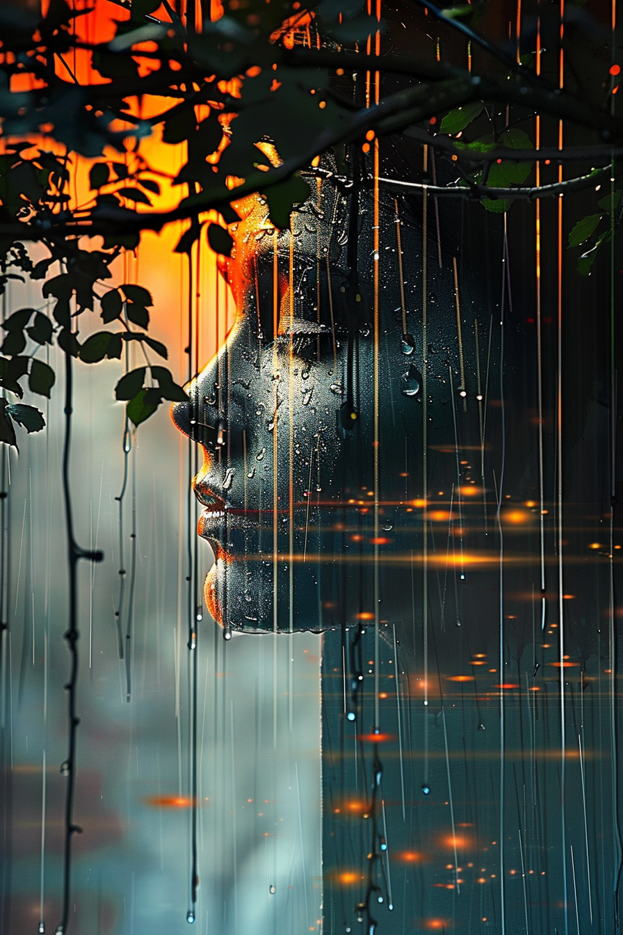 portraet einer frau im regen mit tropfen und warmem licht im hintergrund
