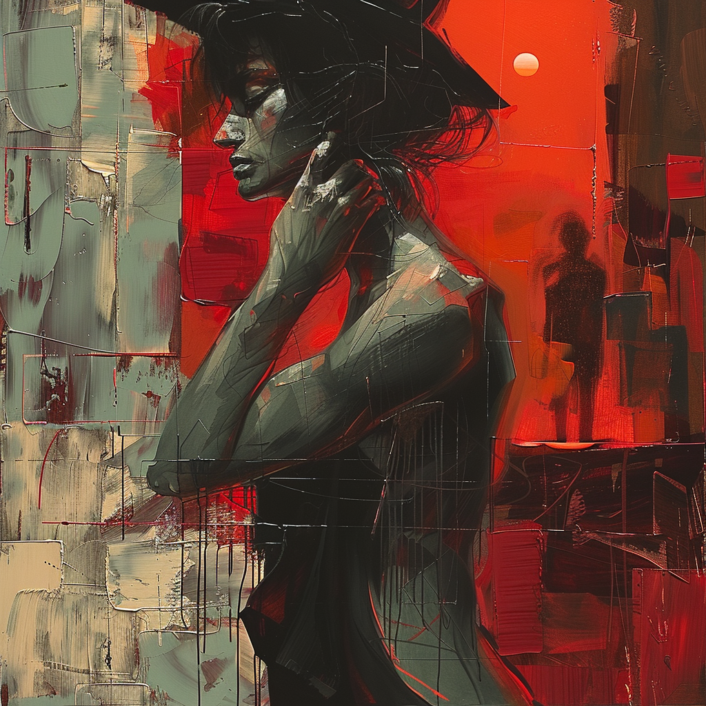 Expressives Porträt einer Frau in warmen Rottönen, ihr Körper im Halbschatten, umgeben von abstrakten Strukturen – eine emotionale, dramatische Komposition aus Licht und Bewegung.
