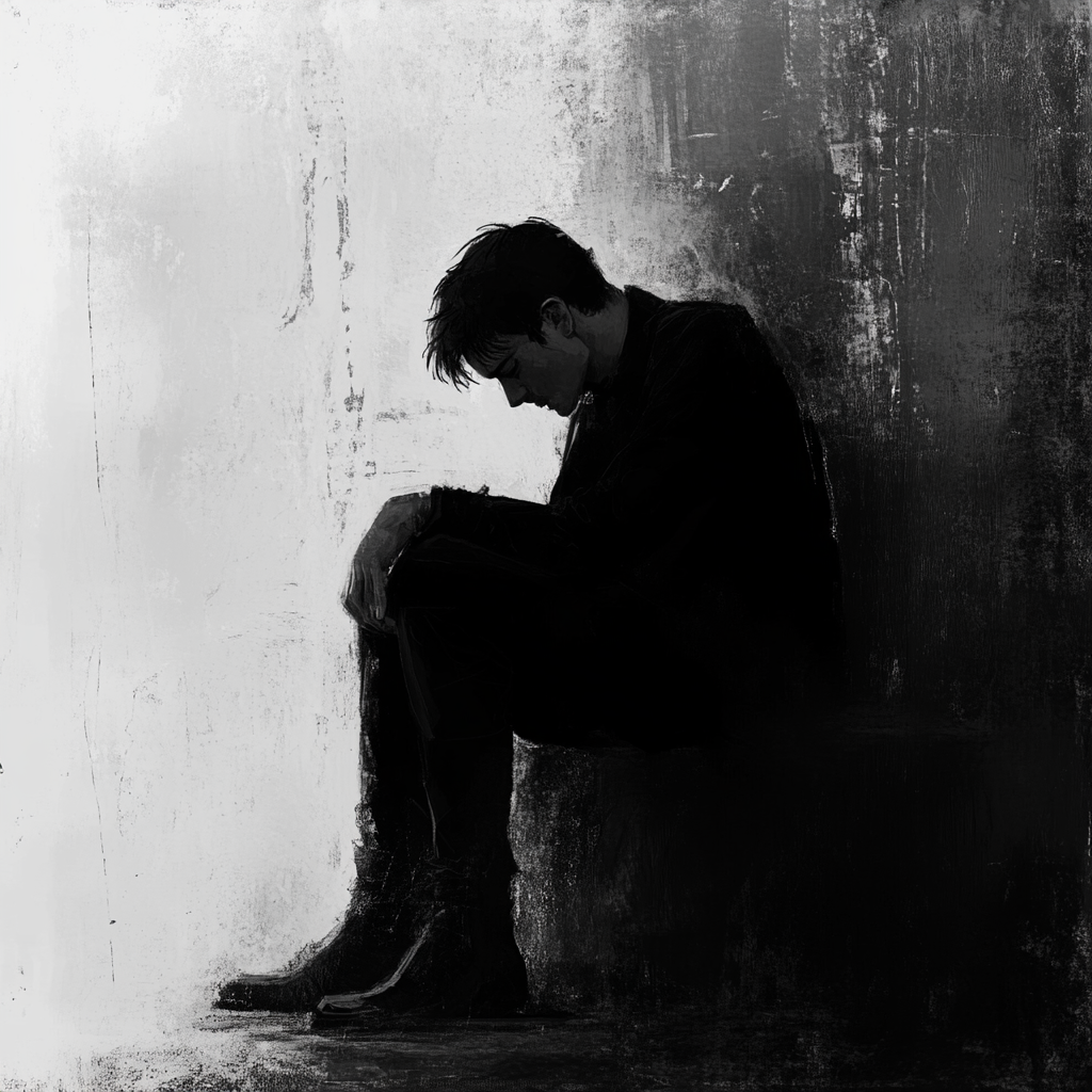 Ein Mann sitzt in einer dunklen Ecke, den Kopf gesenkt, in nachdenklicher oder trauriger Haltung. Schwarz-weiß Darstellung mit starkem Kontrast zwischen Licht und Schatten.
