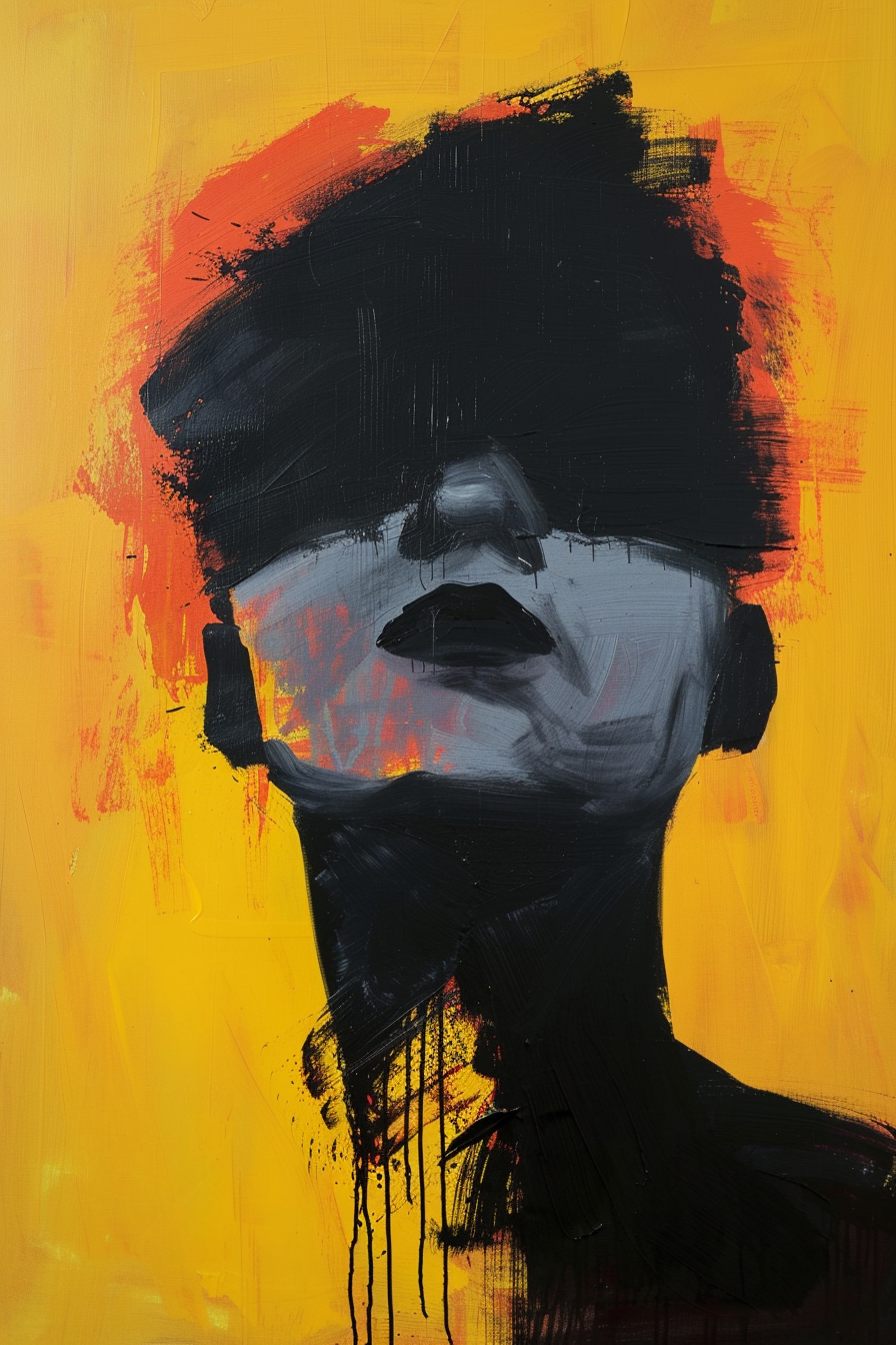 Abstraktes Porträt in Schwarz und Orange – expressive Digitalkunst über Identität, Emotion und das Unsichtbare.
