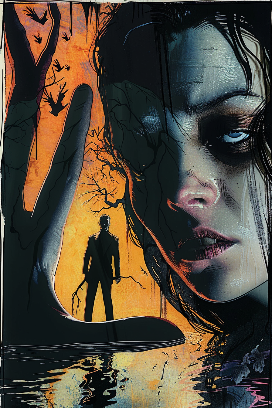 Düsteres surrealistisches Gemälde mit einer Frau im Vordergrund und einem Mann im Hintergrund, der in einer bedrohlichen Landschaft steht.
